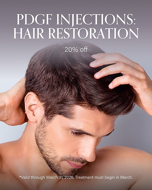 PDGF hair restoration promotion advertisement
