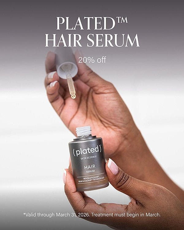 Plated hair serum with promotional discount displayed.
